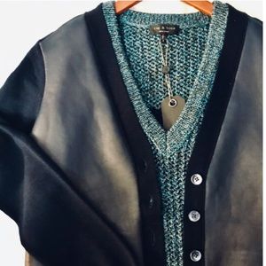 J CREW COLLECTION LEATHER MERINO CARDIGAN NAVY S